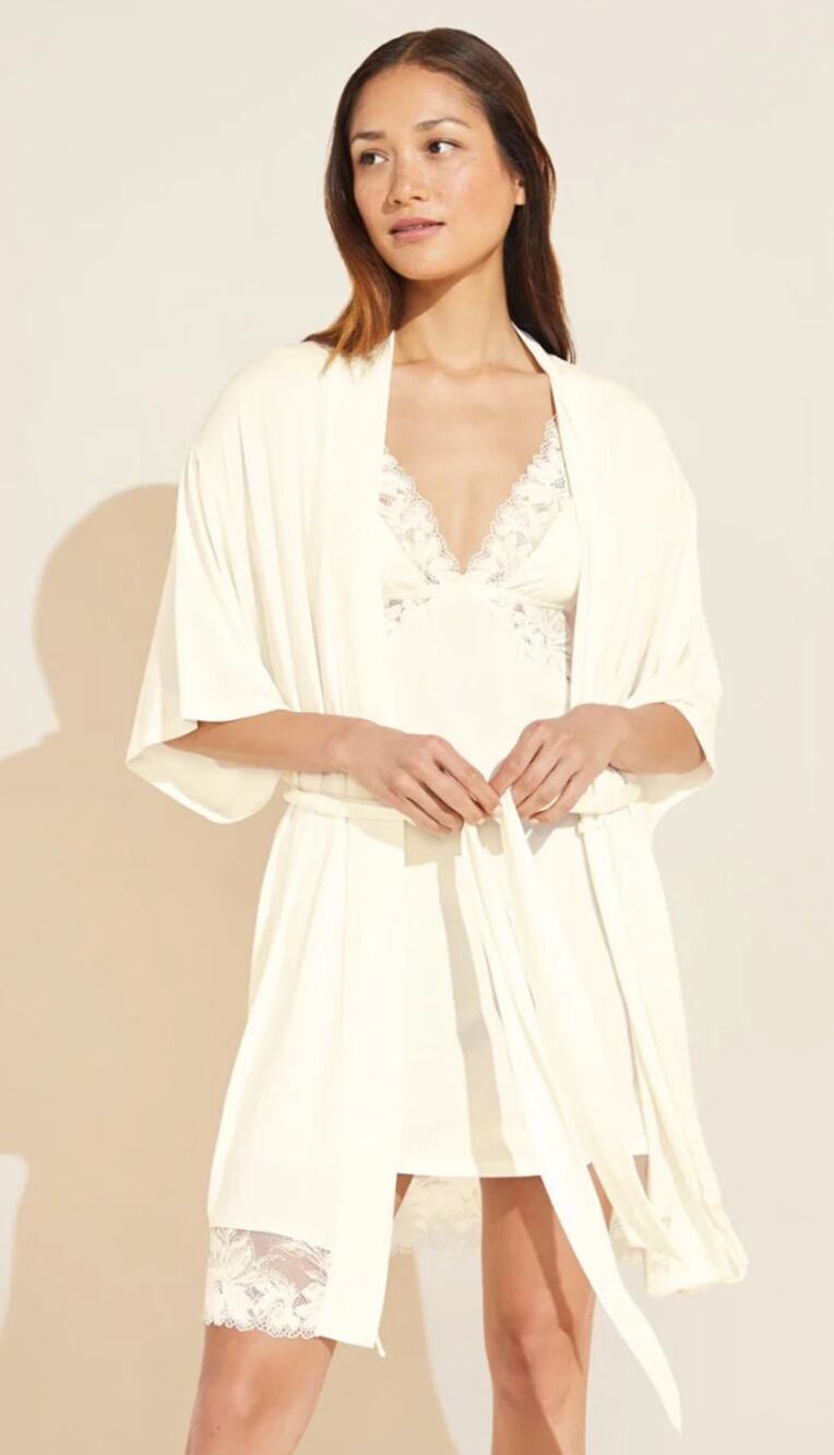 Eberjey Rosalia Tencel Modal Ivory Robe Lace Tie Womens Small